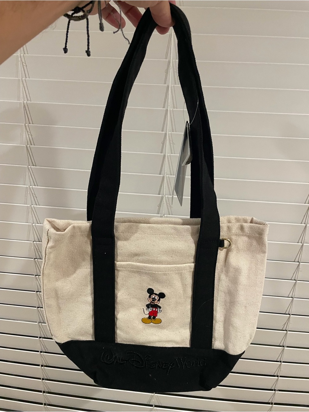 Disney Canvas Tote with Embroidered Mickey in Cream and Black